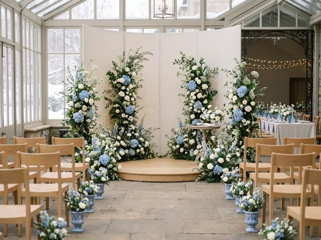 Powder Blue Winter Garden Inspiration This softe Winter garden ceremony setup K