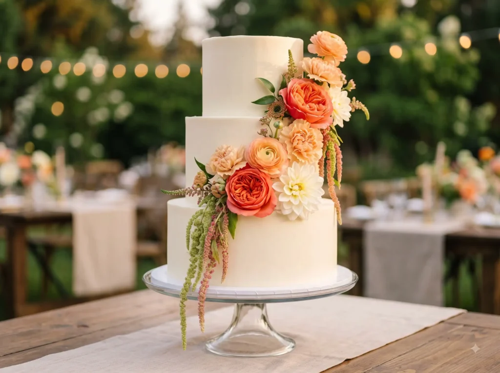 Sunset Coral Bloom Inspiration Warm sunset tones Floral wedding cake with sunset