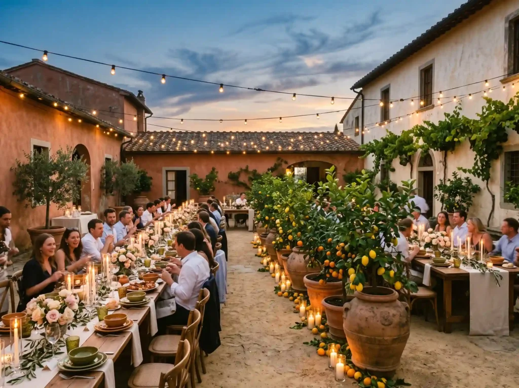 Sunset Courtyard Feast Inspiration Mediterranean Courtyard feast with candles K