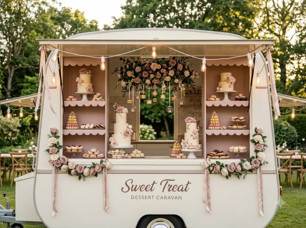 Sweet Treat Dessert Caravan Inspiration A whimsi Dessert caravan with floral chan…