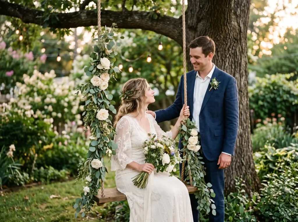 Swing Beneath the Branches Inspiration Childhood Bride and groom on swing