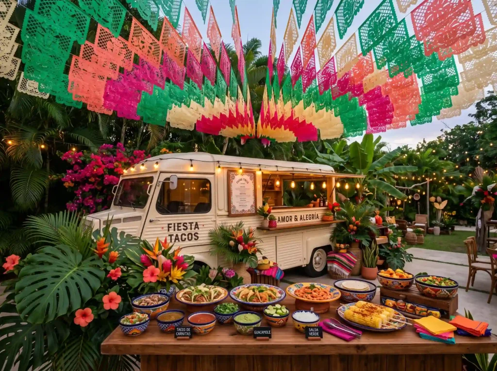 Tropical Papel Picado Fiesta Inspiration This de Tropical Mexican wedding food st…