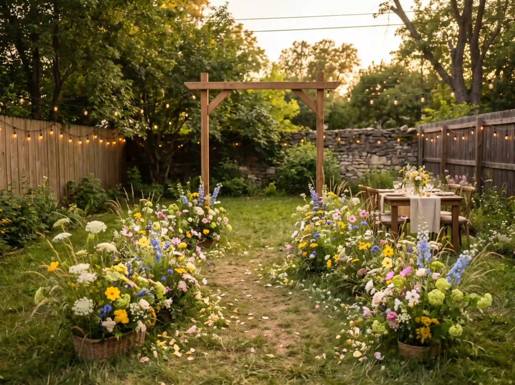 Wildflower Aisle Retreat Inspiration A tiny back Backyard wildflower ceremony and… K
