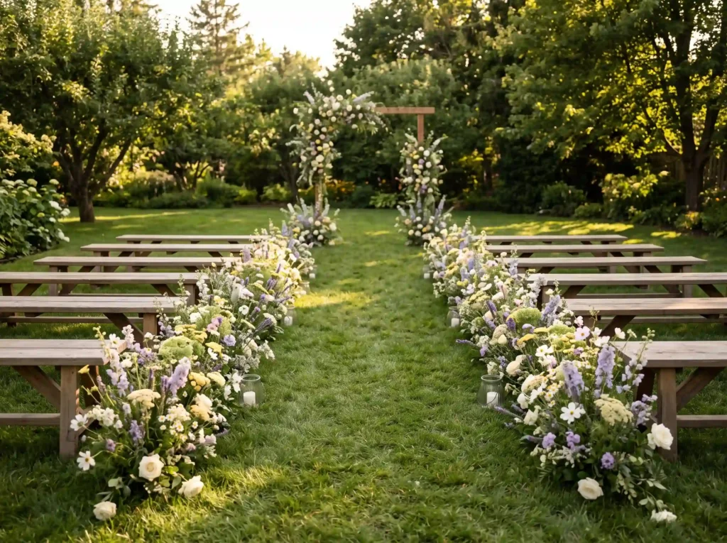 Wildflower Bench Ceremony Inspiration A homespun Wildflower bench wedding ceremon… K