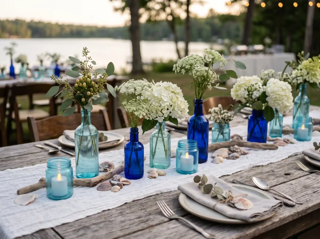 Blue Glass Coastal Jars Inspiration This budget Blue glass coastal jars arrangement