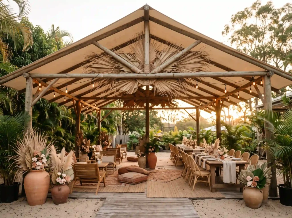 Bohemian Palm Pavilion Inspiration A relaxed sum Bohemian palm pavilion wedding s…