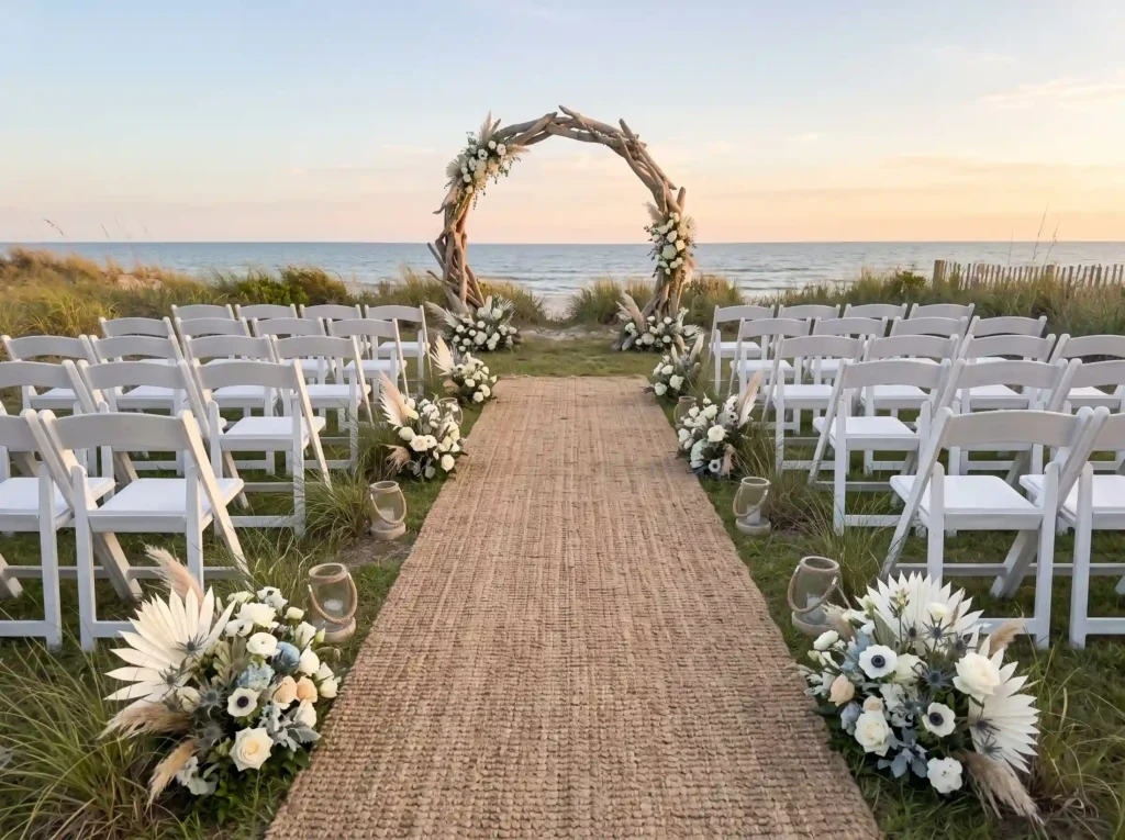 Coastal Grass Aisle Inspiration A breezy coastal Coastal wedding ceremony setup K