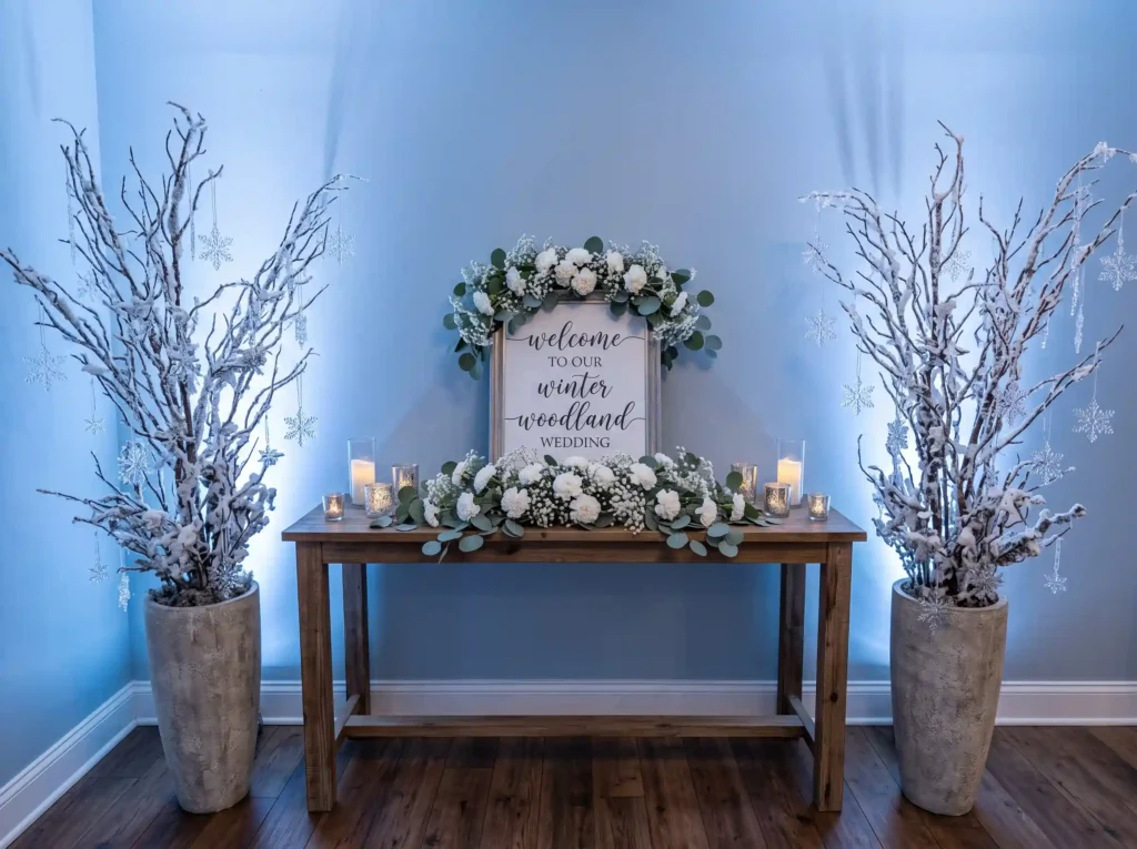 Frosted Branch Welcome Corner Inspiration Inspir Winter woodland wedding welcome …