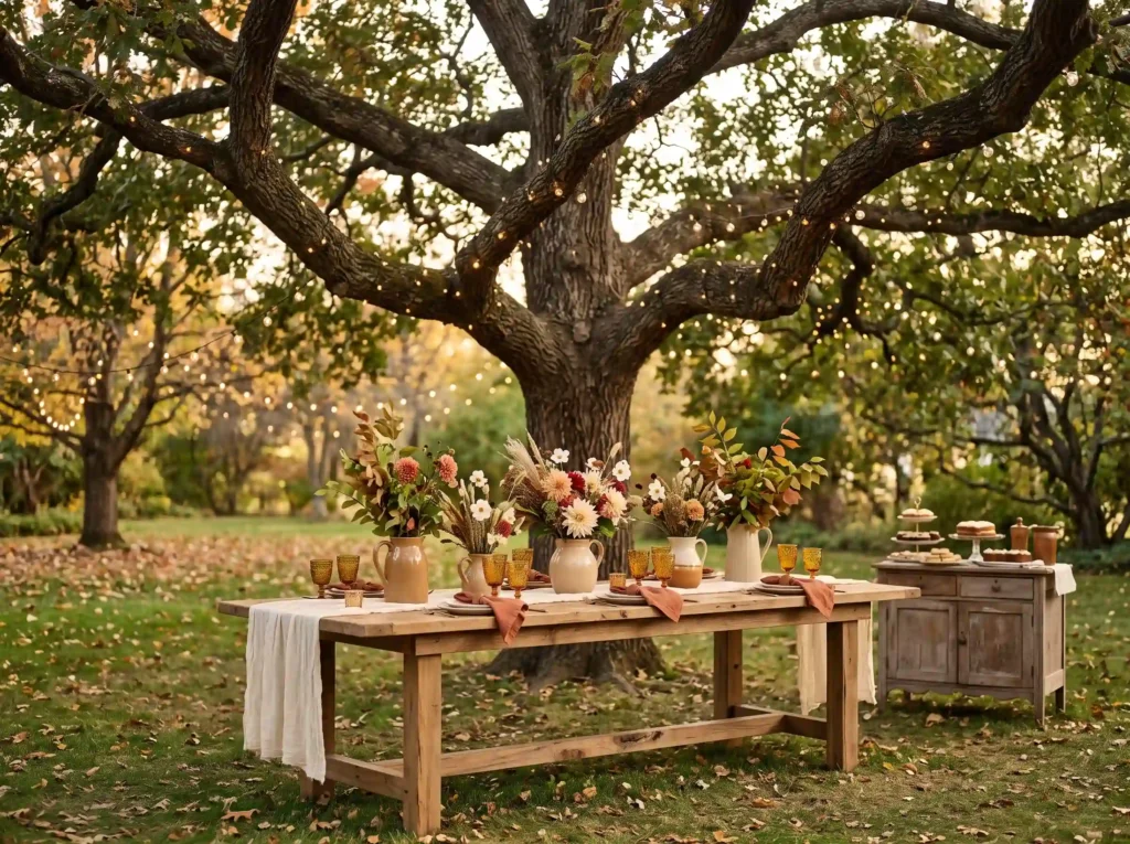 Harvest Table Under the Trees Inspiration A rust Harvest table beneath mature tree