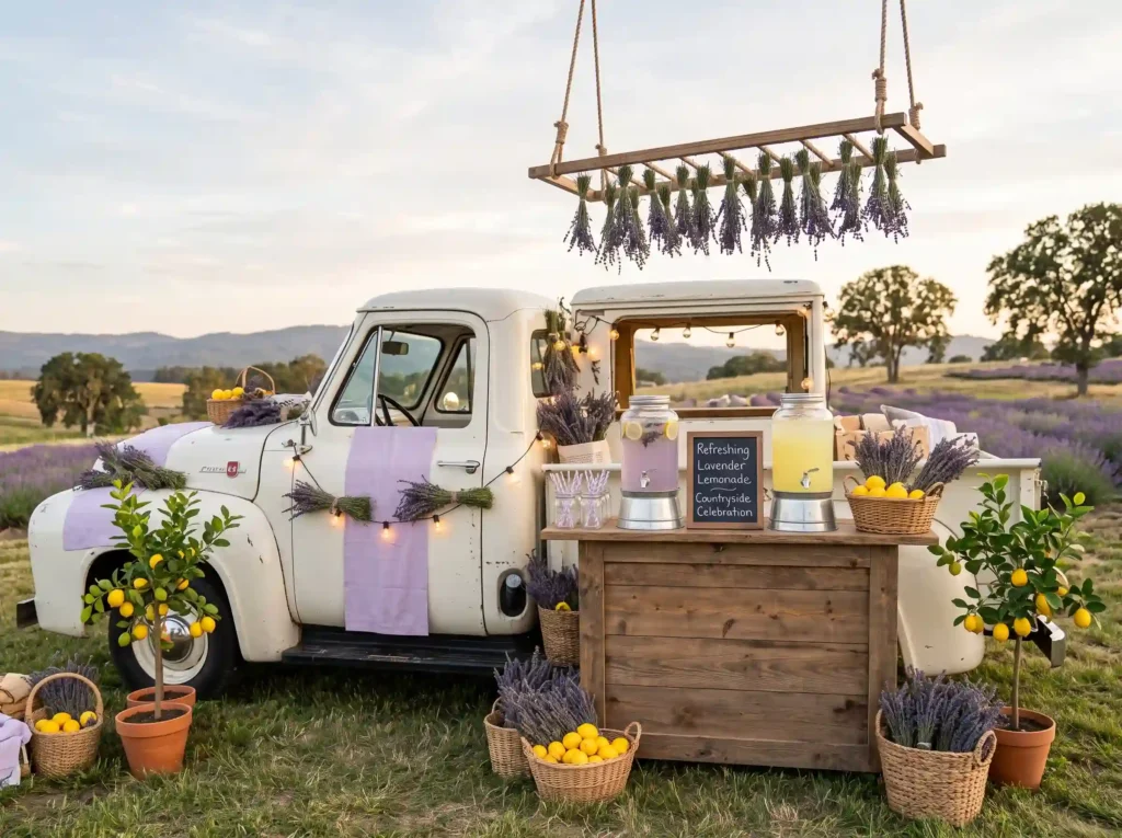 Lavender Lemonade Station Inspiration A refreshi White lemonade truck with lavender