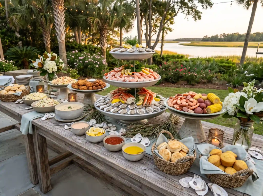 Lowcountry Seafood Feast Inspiration This buffet Seafood buffet at coastal wedding