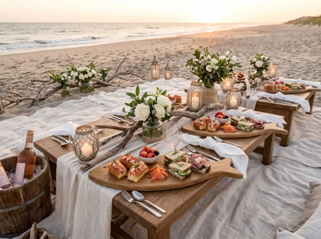 Luxury Picnic Seafood Picnic Inspiration Relaxed Luxury seafood beach picnic setup