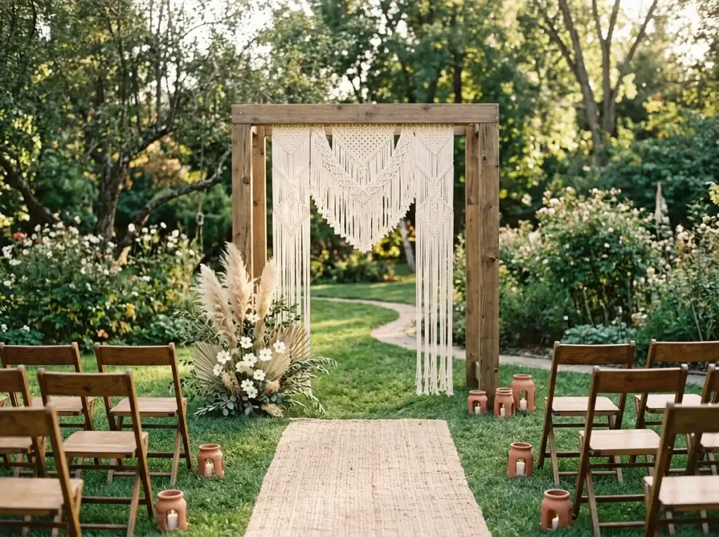 Macramé Meadow Arch Inspiration A basic wooden a Macramé arbor for wedding ceremony