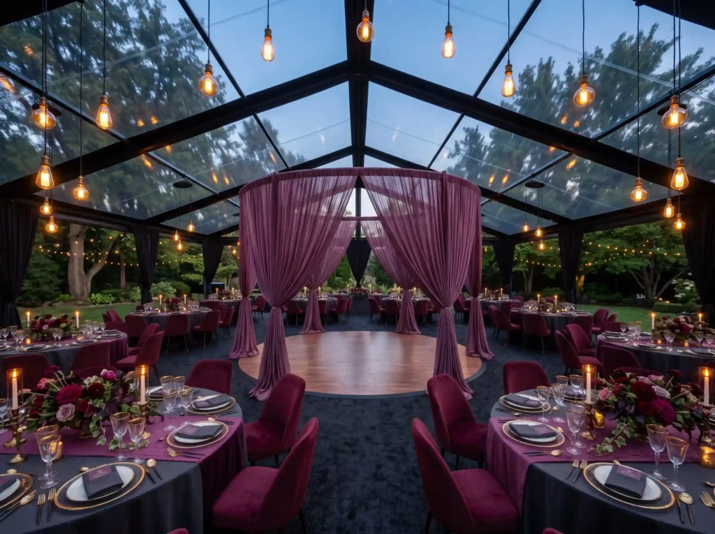 Moody Plum Dinner Pavilion Inspiration A dramati Plum dinner pavilion wedding setup
