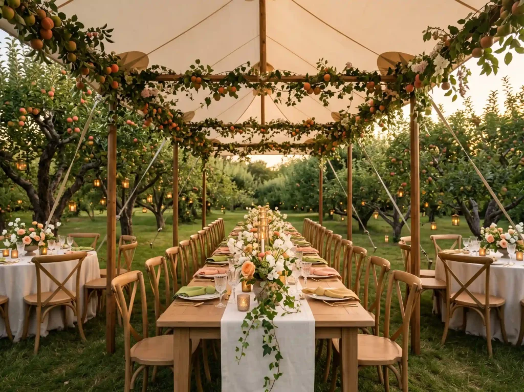 Orchard Romance Tent Inspiration Designed around Orchard wedding tent reception s…