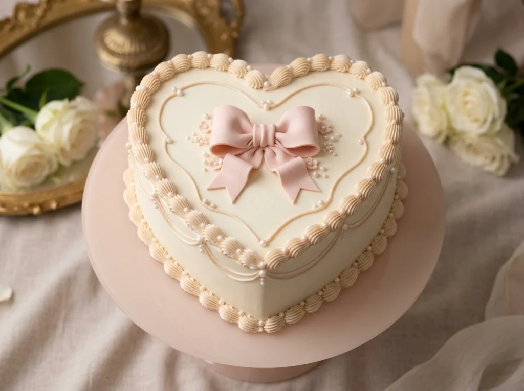 Pearl Bow Heart Inspiration Vintage piping meets Ivory heart cake with bow