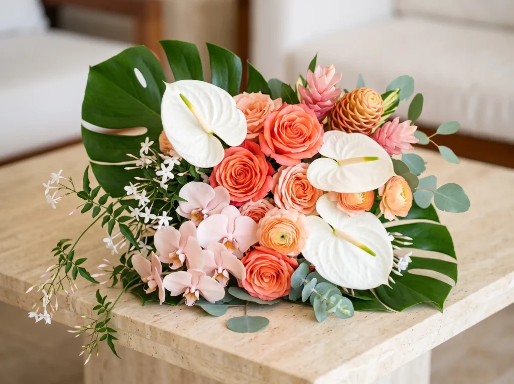 Tropical Summer Luxe Inspiration Vibrant island Bridal bouquet featuring tropica… K