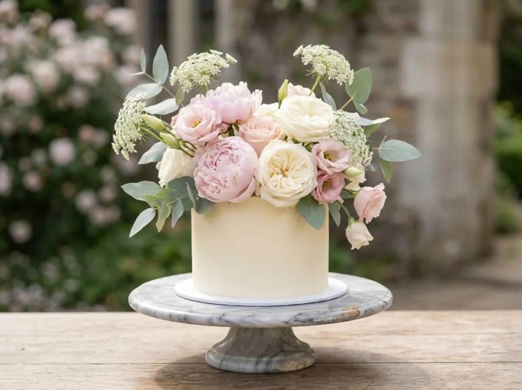 Floral wedding cake on stand