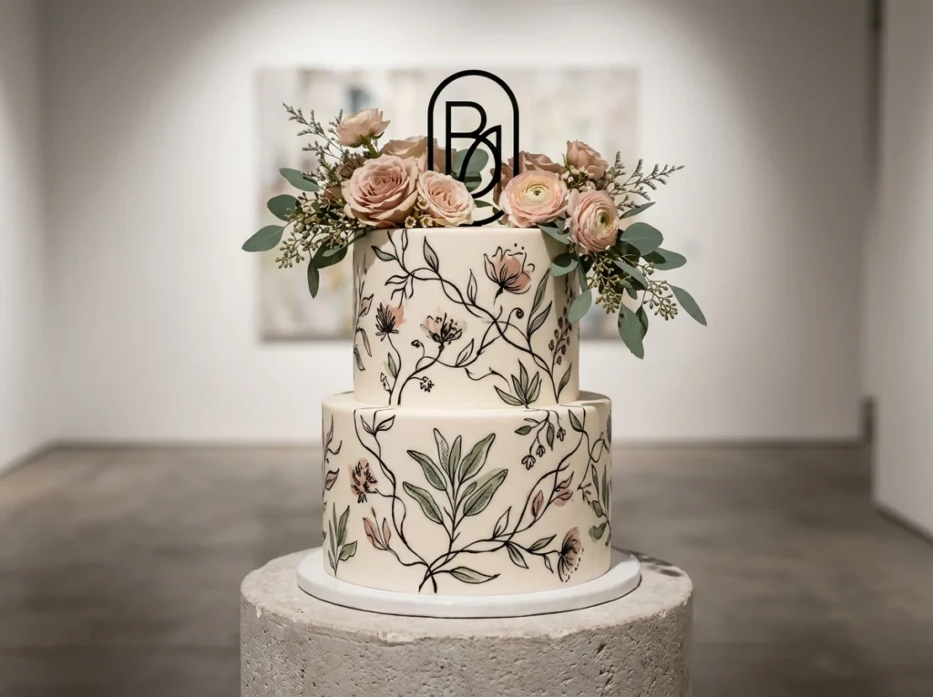 This darker Two tier botanical ink cake
