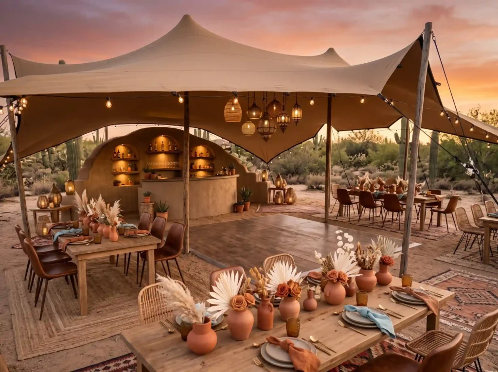 Desert Boho Stretch Tent Inspiration A relaxed d Desert stretch tent reception st…