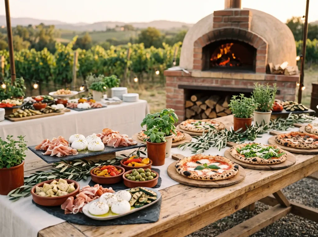 Italian Pizza Antipasti Night Inspiration Rustic Italian pizza station styled shoot