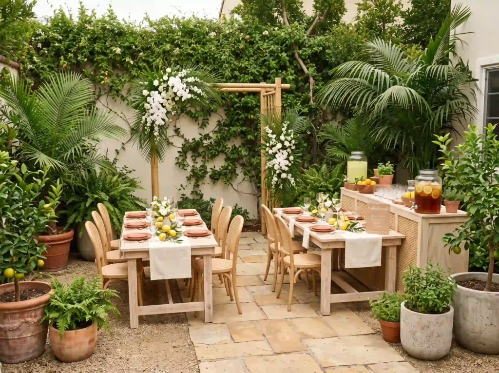 Palm Citrus Garden Bar Inspiration A relaxed des Backyard garden wedding beverage… K