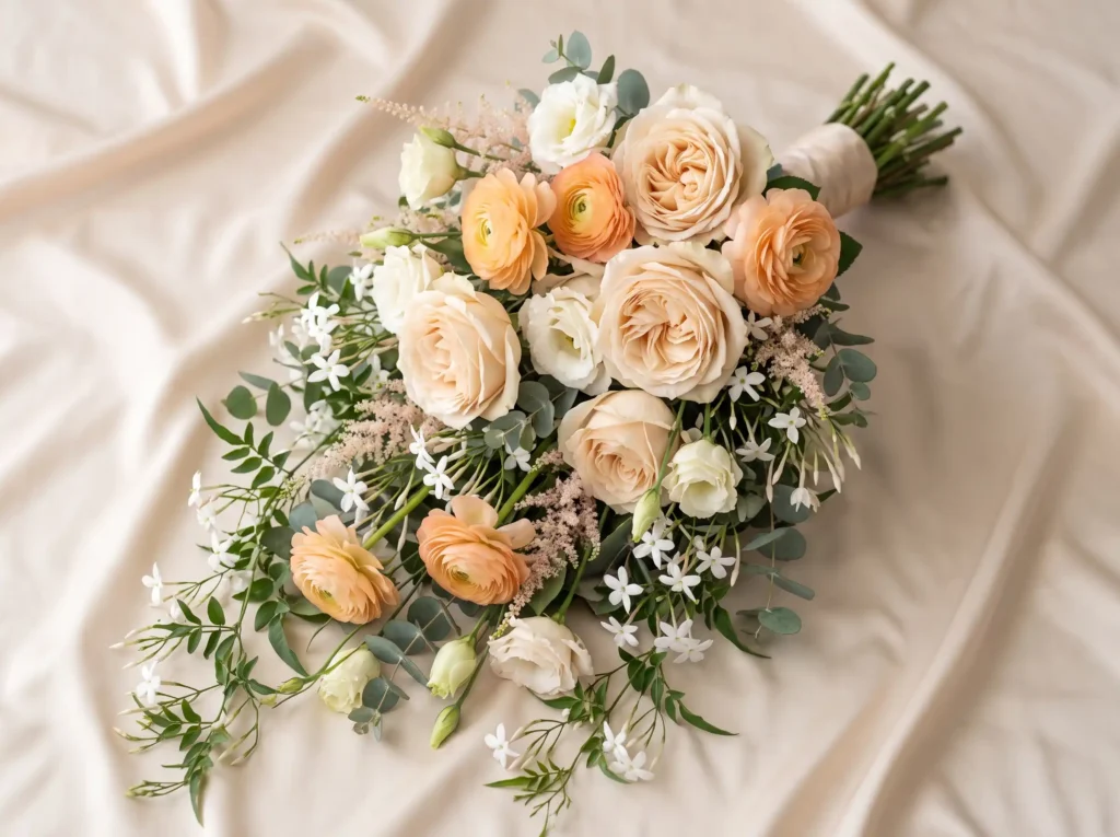 Peach Champagne Cascade Inspiration Inspired by Bridal bouquet on silk fabric