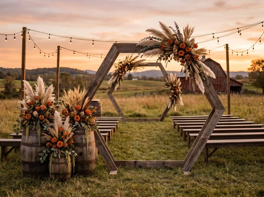 Rustic Barn Meadow Inspiration Country harvest t Meadow wedding ceremony setup K