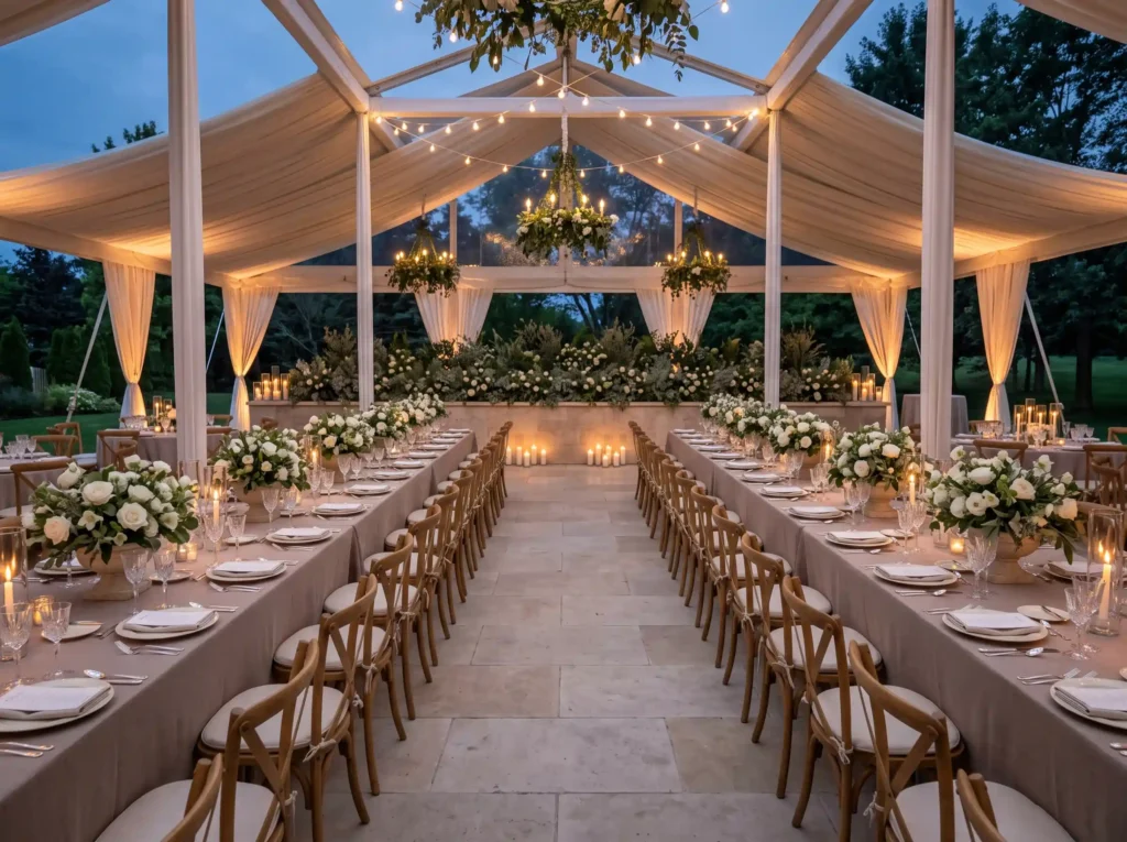 Sage Stone Estate Tent Inspiration A refined cou Estate tent setup with tables