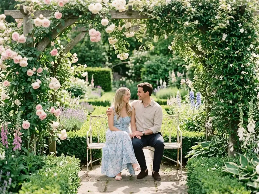 Couple posing on garden bench