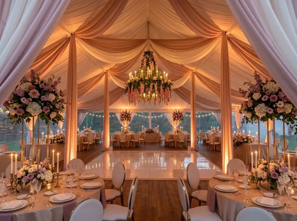 Blush ballroom wedding tent rece…