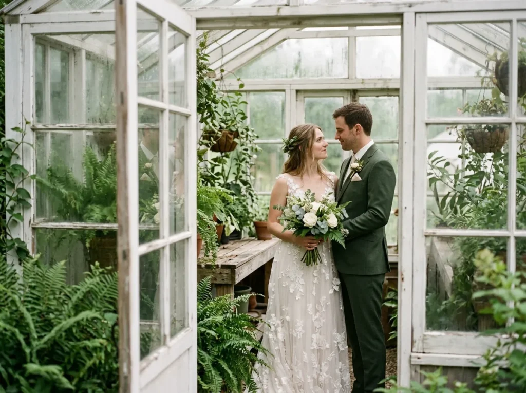 Couple posing in greenhouse