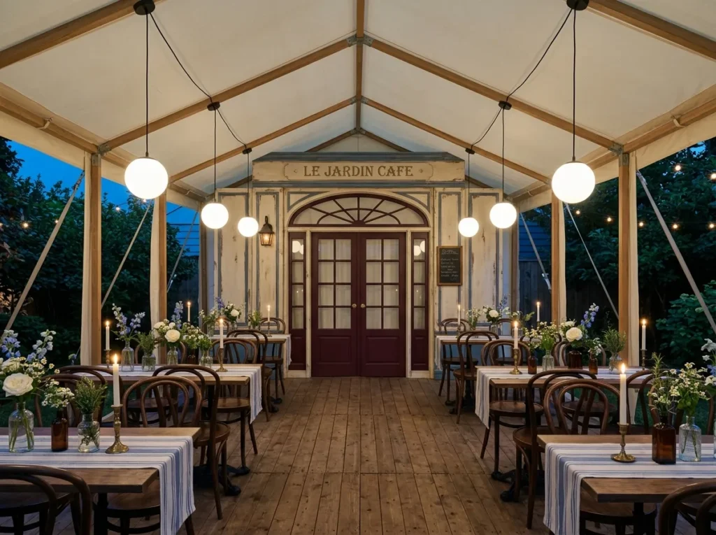 European bistro backyard tent setup