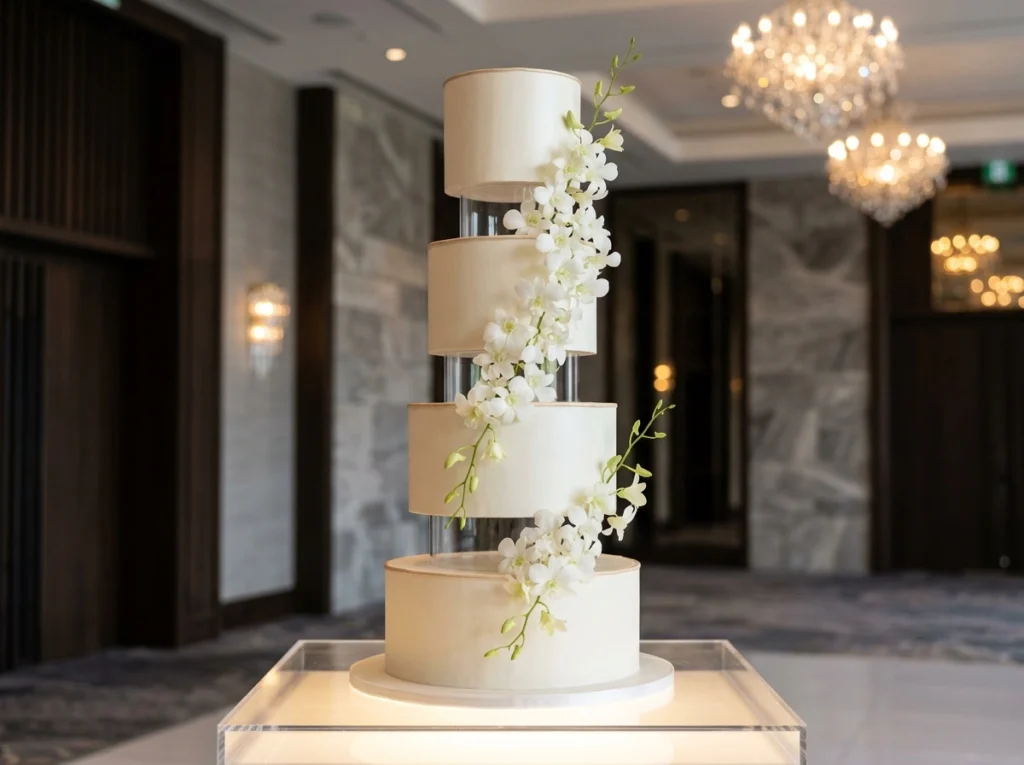 Floating orchid wedding cake tiers