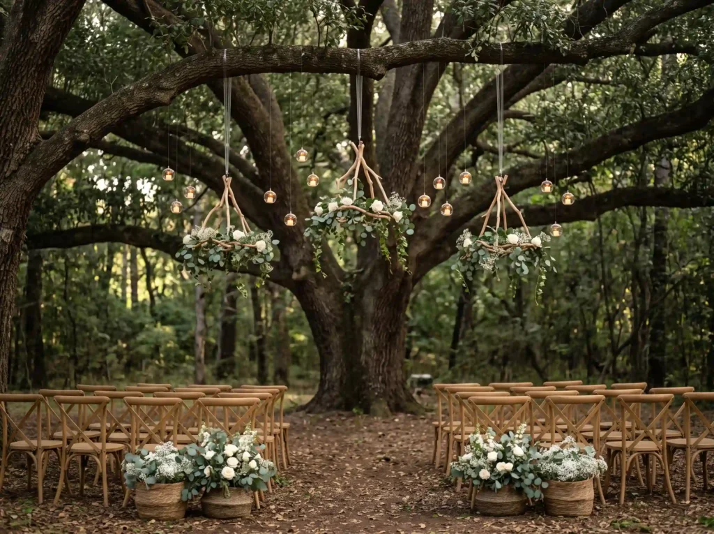 Basket Flower Aisle Inspiration This setup capt Woodland branch chandelier cerem… K
