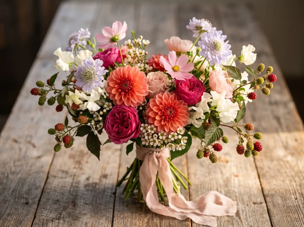 Berry Blossom Garden Inspiration Summer berry p Bridal bouquet on wooden tabletop