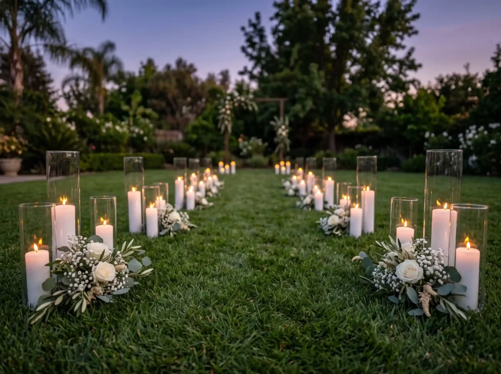 Candle Garden Walk Inspiration Evening simplici Candle garden walk ceremony aisle