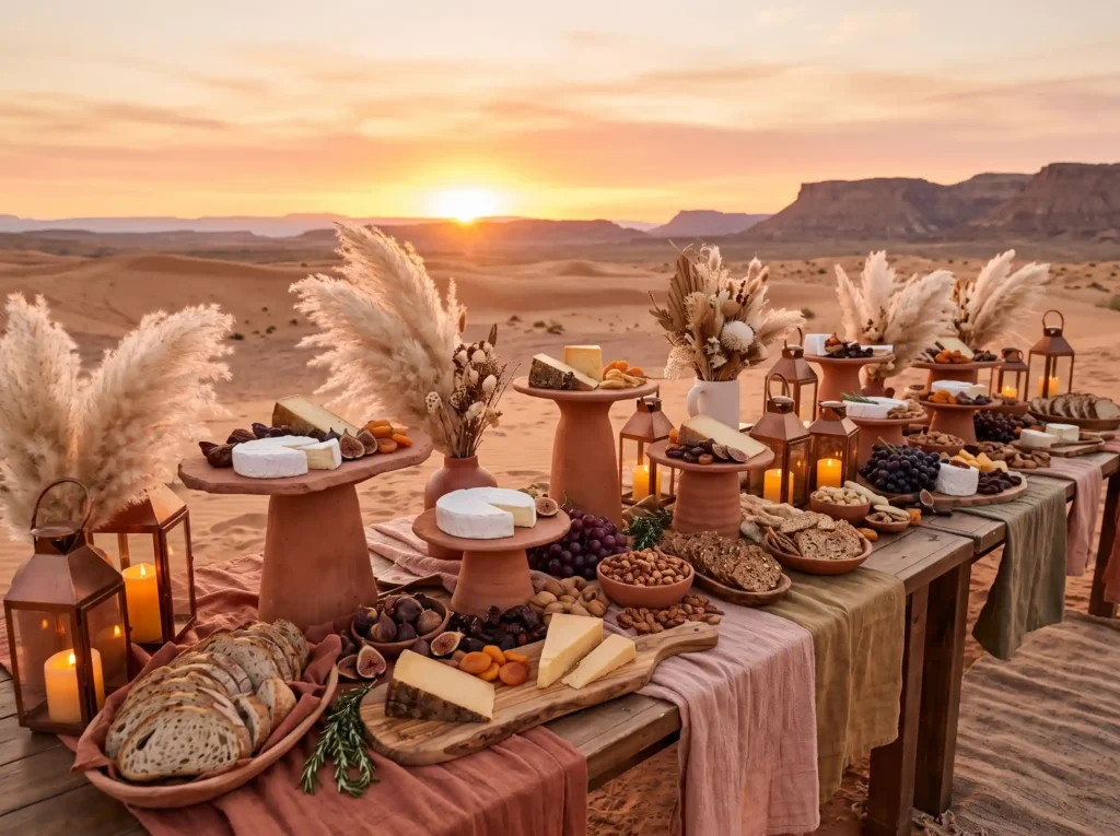 Desert Sunset Gathering Inspiration Warm desert Desert sunset grazing table arra…