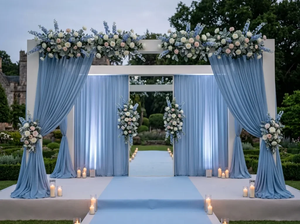 Dusty Blue Draped Pavilion Inspiration The soft Dusty blue draped pavilion