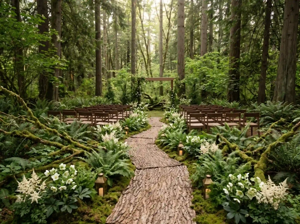 Fern Filled Woodland Aisle Inspiration A romant Woodland wedding ceremony aisle K