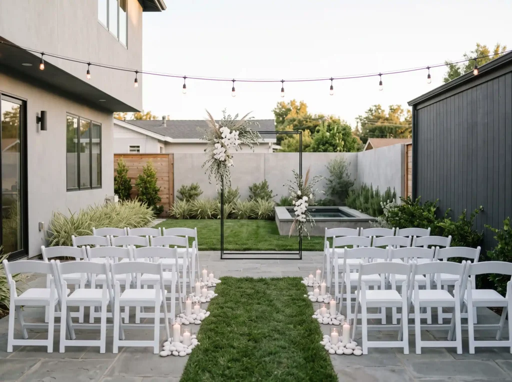 Minimalist Courtyard Ceremony Inspiration A cle Minimalist backyard wedding cere… K