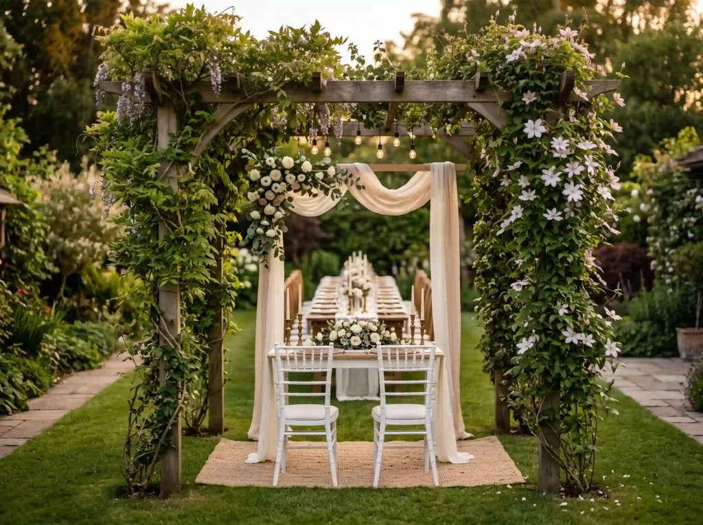 Romantic Pergola Dinner Inspiration A petite pe Pergola wedding dinner setup K
