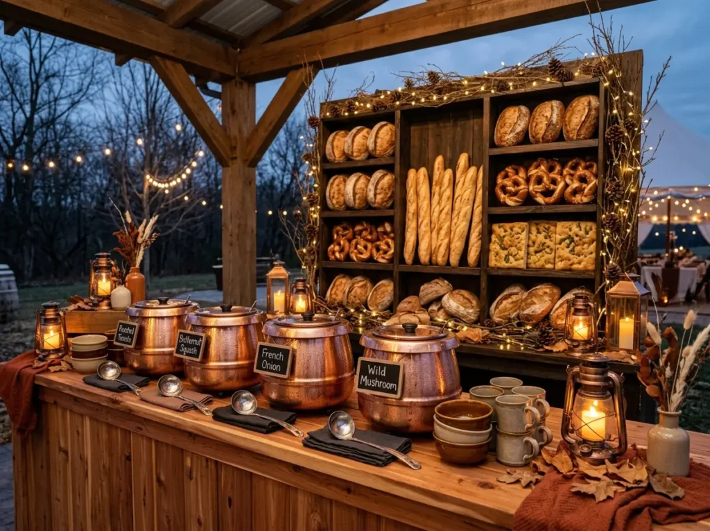 Soup Crust Station Inspiration A refined winter Winter wedding soup station display