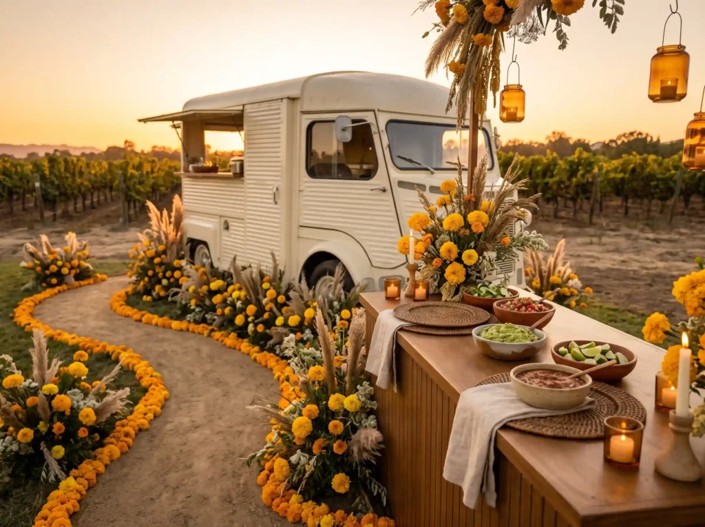 Sunset Marigold Taco Lounge Inspiration Built a Vintage food truck wedding station
