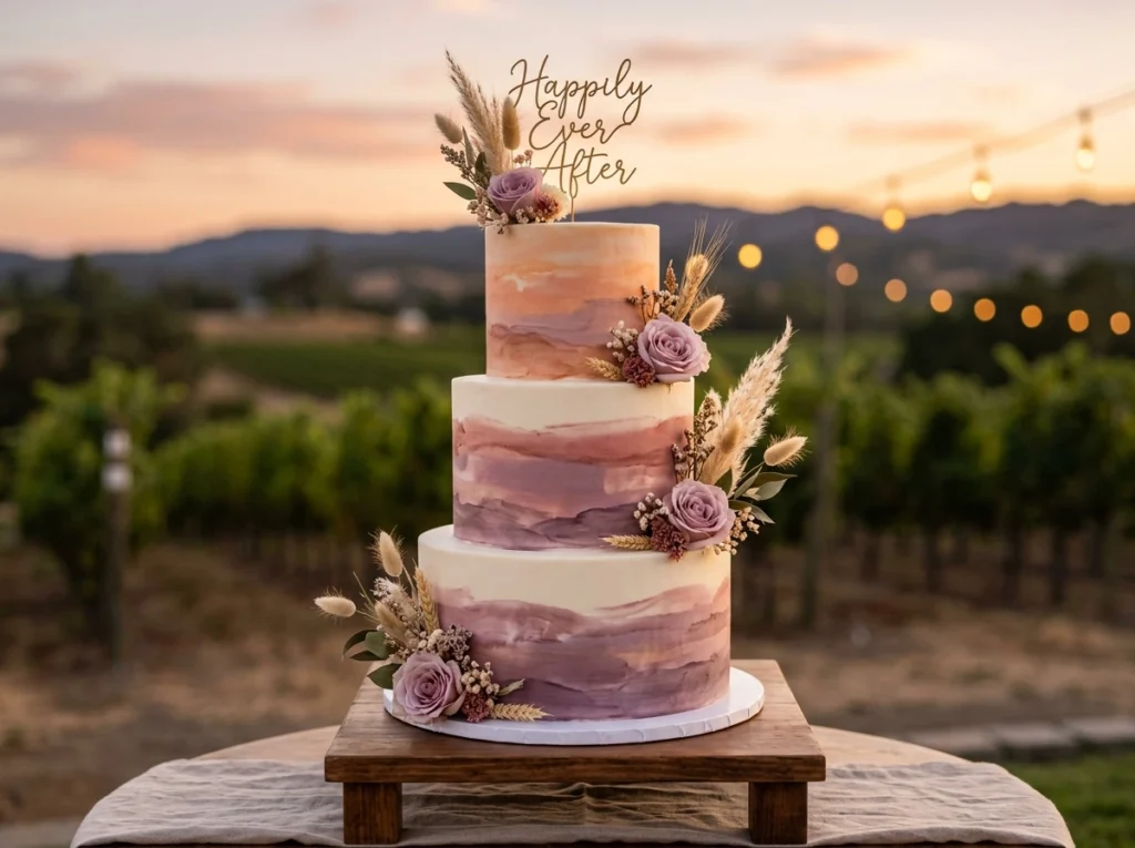 Hand painted sunset wedding cake