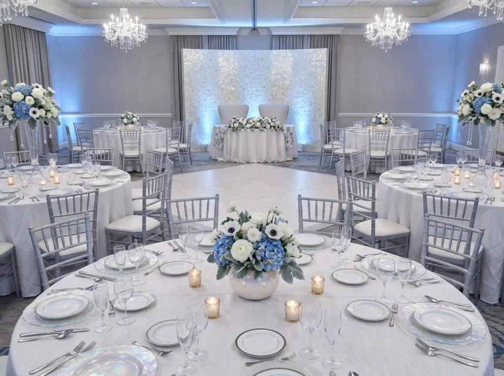 Arctic Pearl Reception Inspiration Inspired by Winter wedding reception design K