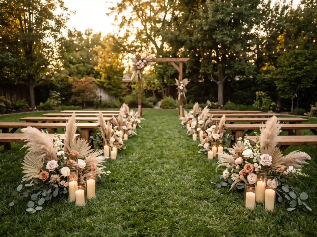 Boho Candle Aisle Inspiration A dreamy backyard Boho candlelit wedding ceremony …