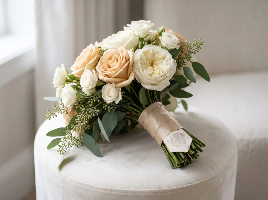 Champagne Monogram Bouquet Inspiration A person Champagne bridal bouquet on pede…