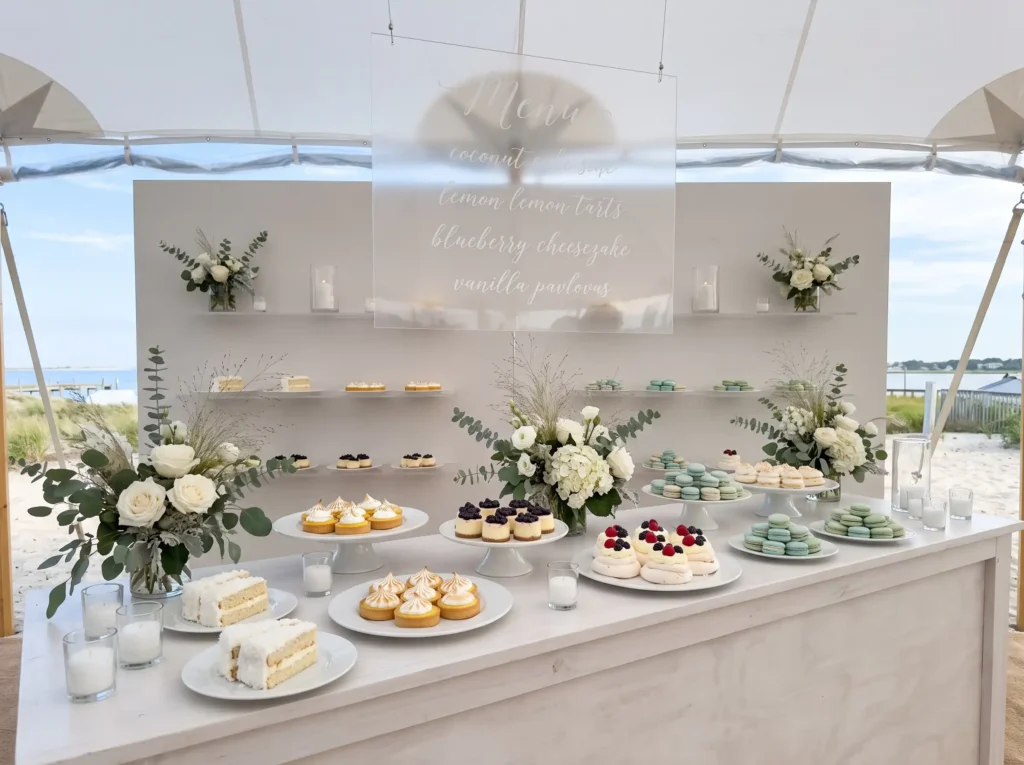 Coastal White Dessert Pavilion Inspiration Insp Coastal backyard wedding dessert… K
