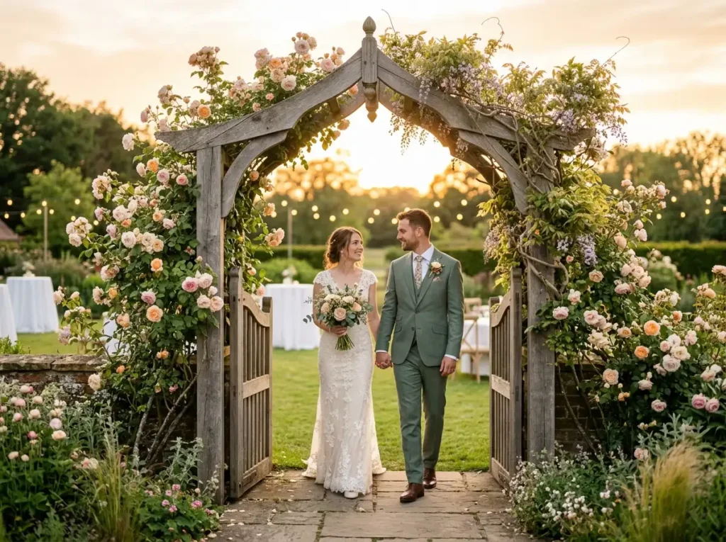 Effortless m Garden gate wedding portrait